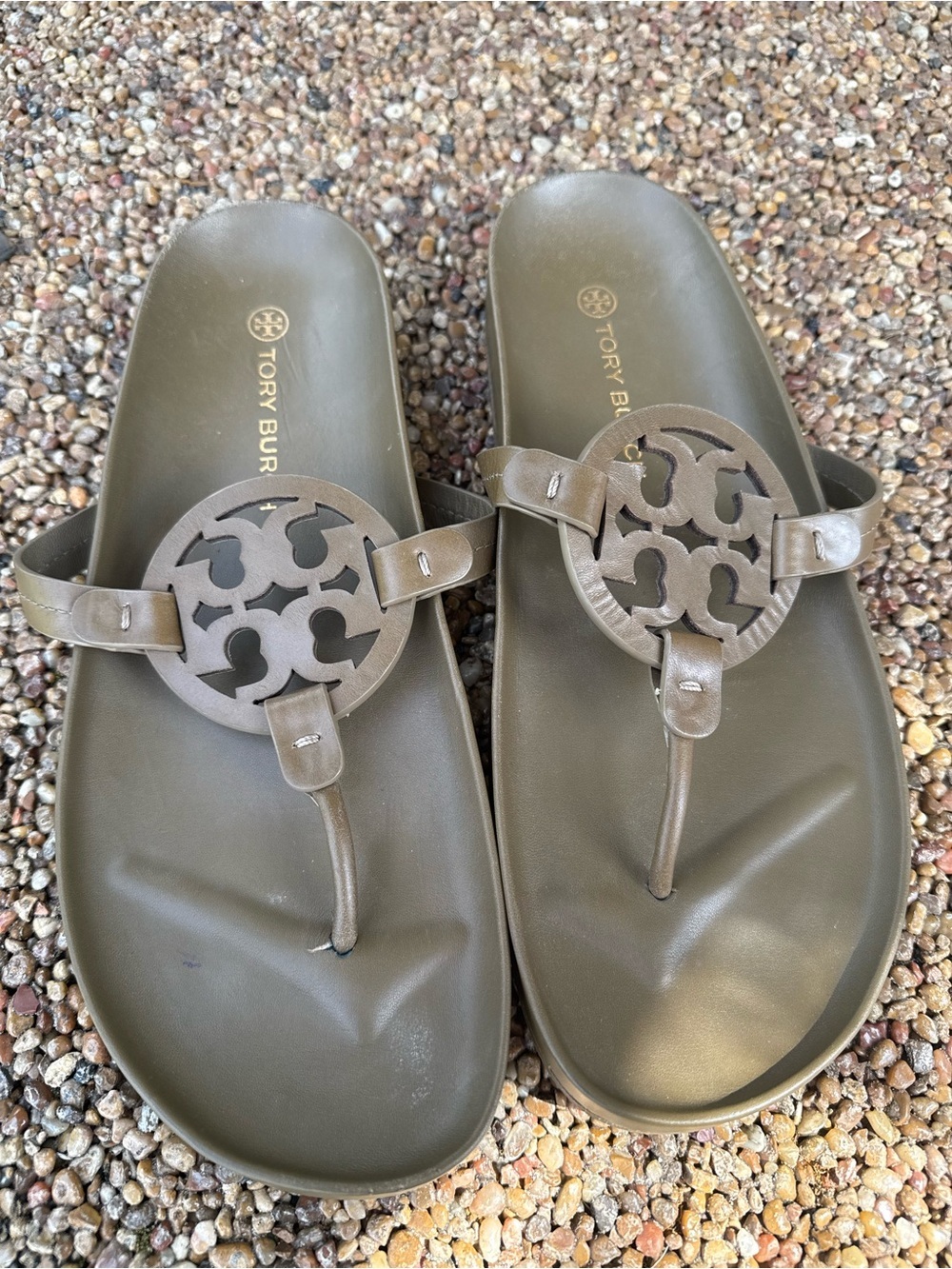 Tory Burch Olive Brown Miller Cloud Logo Thong Sandals size 12